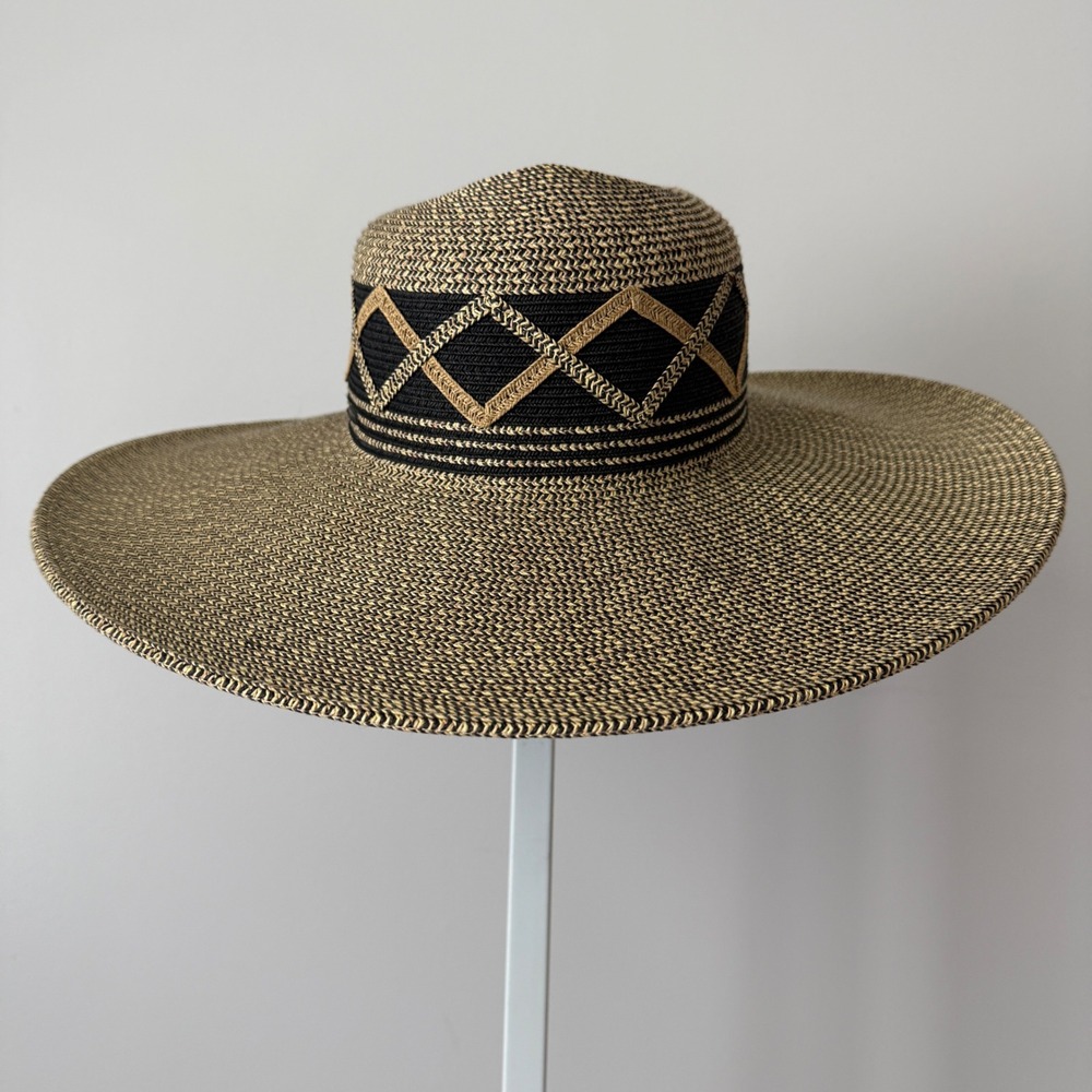 Karen Keith OS Black Tan Straw Wide Brim Sun Hat Geo Band Summer Beach Chic